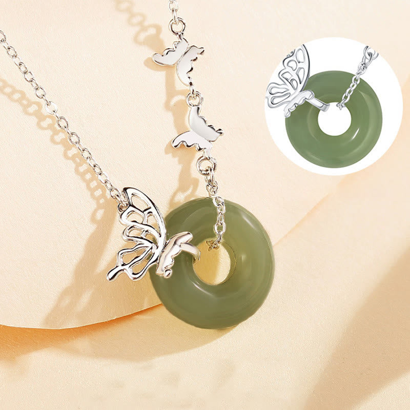 925 Sterling Silver Natural Hetian Jade Peace Buckle Butterfly Luck Prosperity Bracelet Necklace Pendant