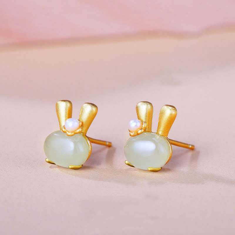 925 Sterling Silver Natural Hetian Jade Cute Rabbit Pearl Abundance Earrings