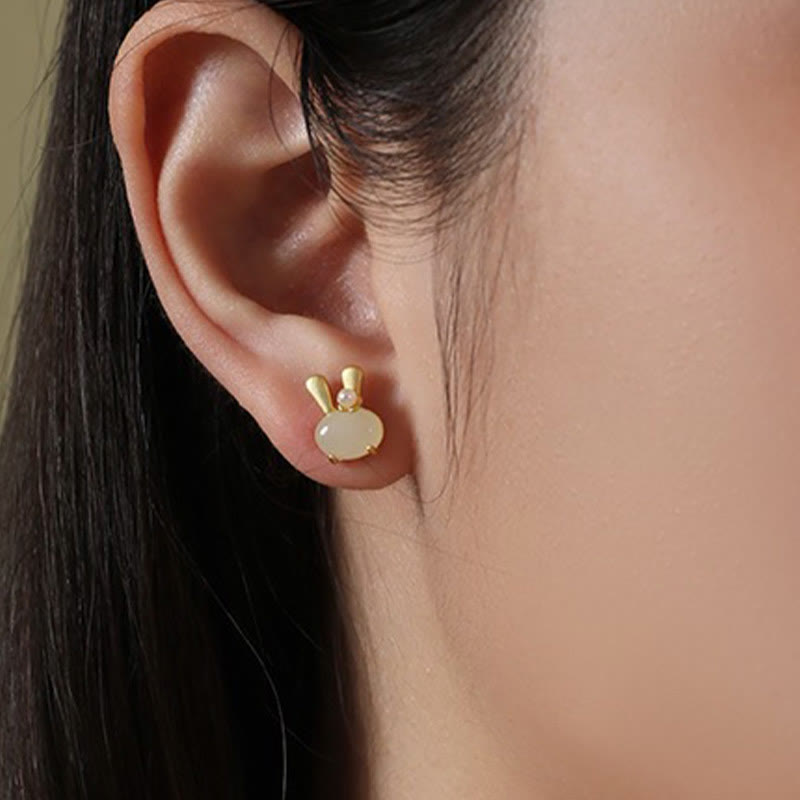 925 Sterling Silver Natural Hetian Jade Cute Rabbit Pearl Abundance Earrings