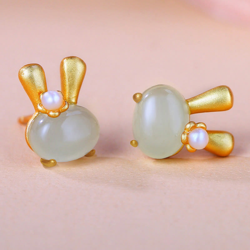 925 Sterling Silver Natural Hetian Jade Cute Rabbit Pearl Abundance Earrings