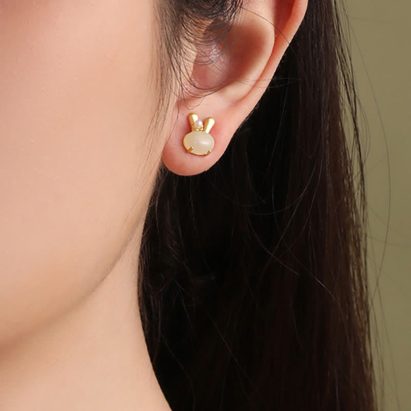 925 Sterling Silver Natural Hetian Jade Cute Rabbit Pearl Abundance Earrings