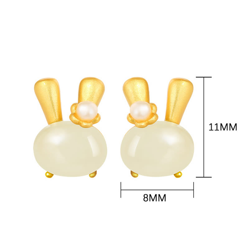 925 Sterling Silver Natural Hetian Jade Cute Rabbit Pearl Abundance Earrings