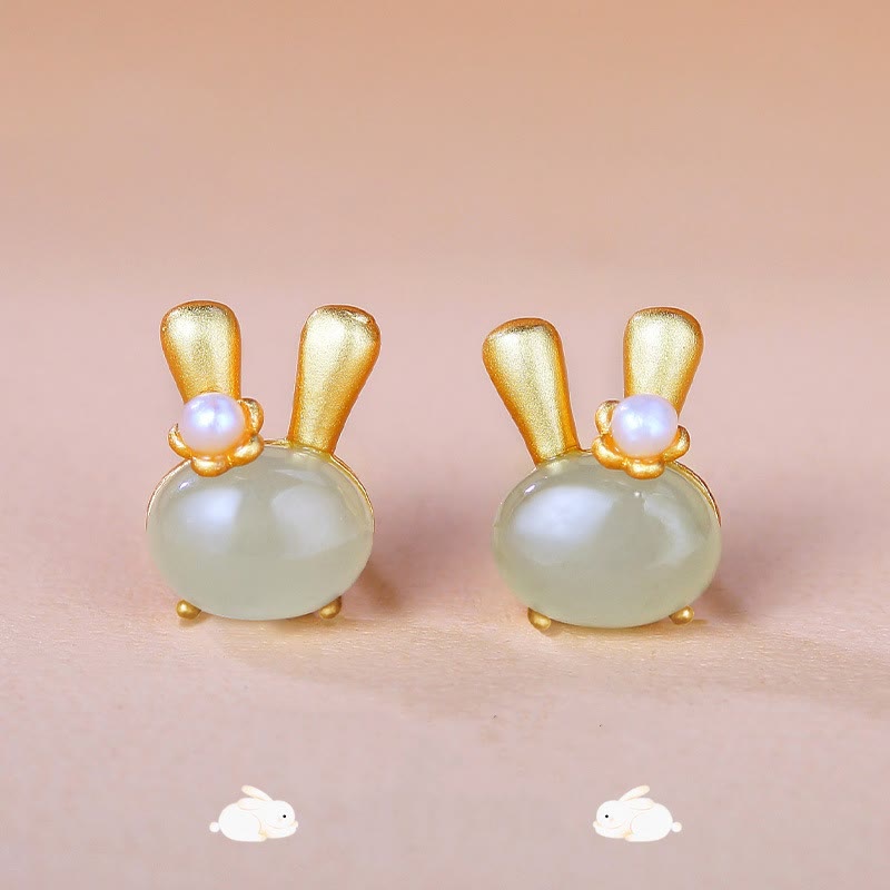 925 Sterling Silver Natural Hetian Jade Cute Rabbit Pearl Abundance Earrings