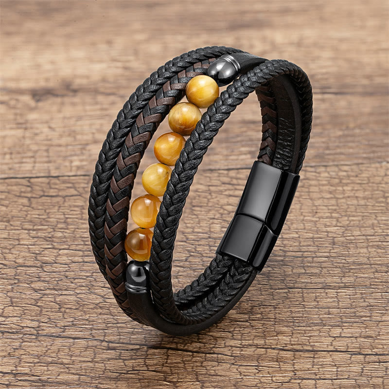 Tiger Eye Lava Rock Black Onyx Lazurite Hematite Bead Positive Leather Bracelet