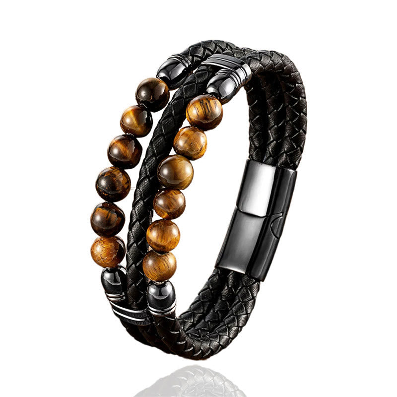 Men's Genuine Leather Tiger Eye Triple-Layer Beaded Bracelet