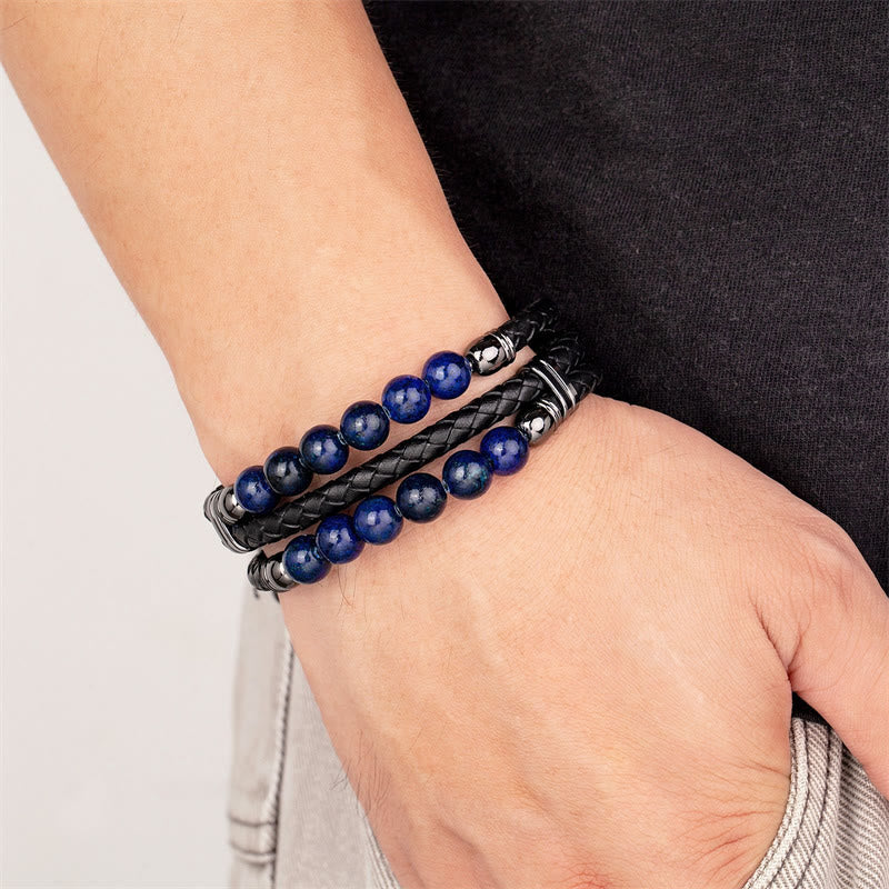 Men's Genuine Leather Black Onyx Triple-Layer Beaded Bracelet