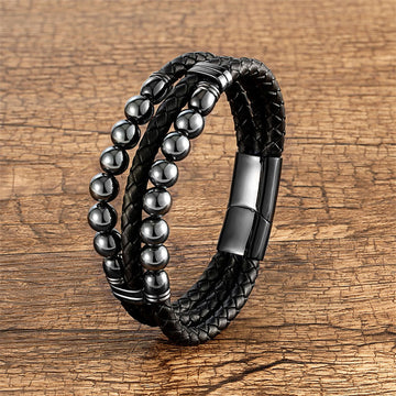 Men's Genuine Leather Hematite Triple-Layer Beaded Bracelet