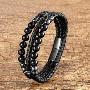Men's Genuine Leather Black Onyx Triple-Layer Beaded Bracelet