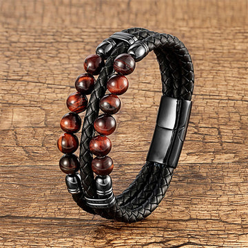Men's Genuine Leather Brown Red Tiger Eye Triple-Layer Beaded Bracelet