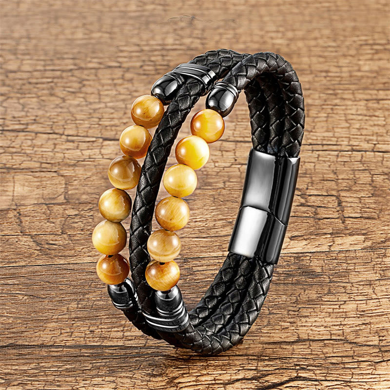 Triple-Layer Natural Gemstone and Genuine Leather Beaded Bracelet