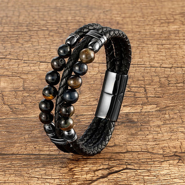 Men's Genuine Leather Black Tiger Eye Triple-Layer Beaded Bracelet