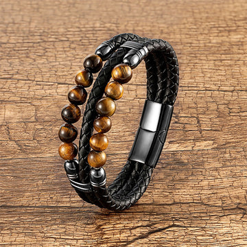 Men's Genuine Leather Tiger Eye Triple-Layer Beaded Bracelet