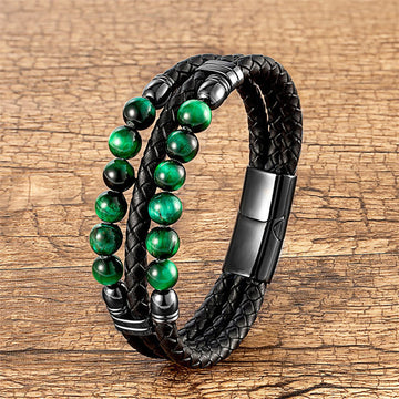Men's Genuine Leather Green Tiger Eye Triple-Layer Beaded Bracelet