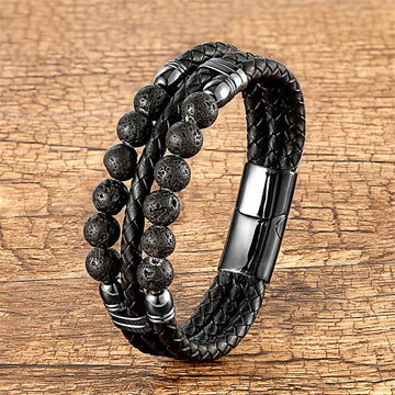 Men's Genuine Leather Lava Rock Triple-Layer Beaded Bracelet