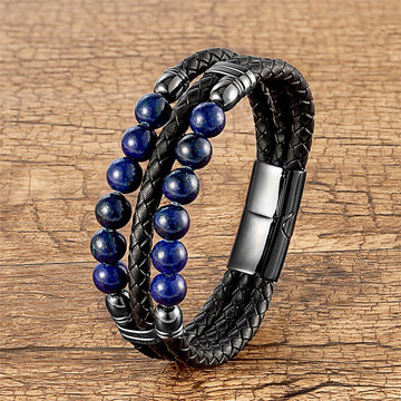 Men's Genuine Leather Lazurite Triple-Layer Beaded Bracelet