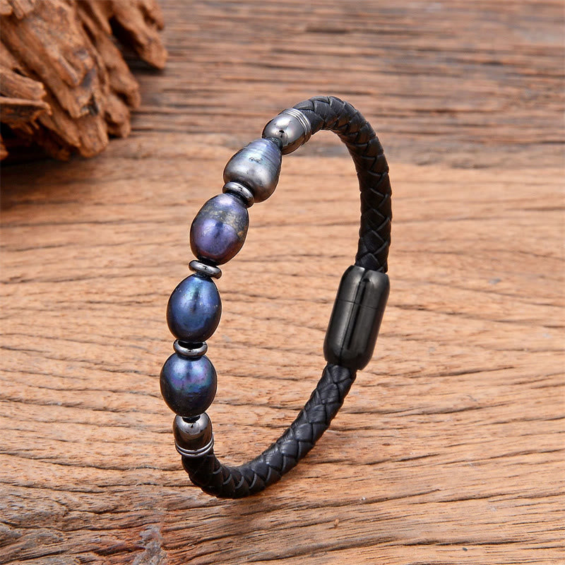Handmade Irregular Shaped Pearls Healing Leather Titanium Steel Buckle Bracelet