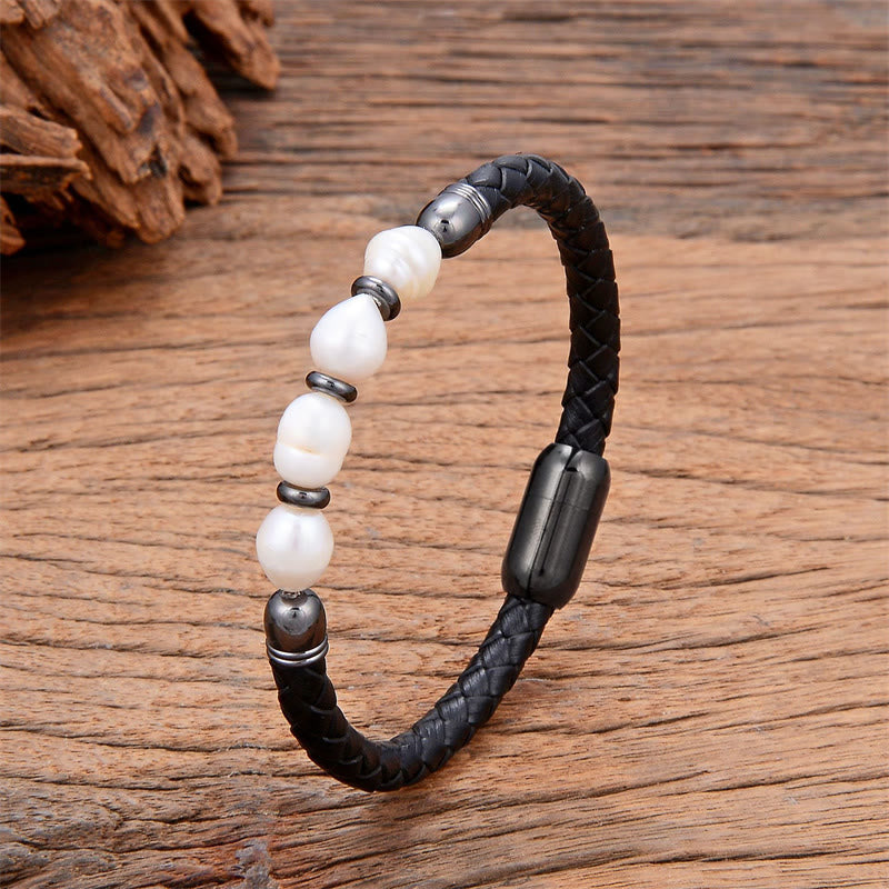 Handmade Irregular Shaped Pearls Healing Leather Titanium Steel Buckle Bracelet