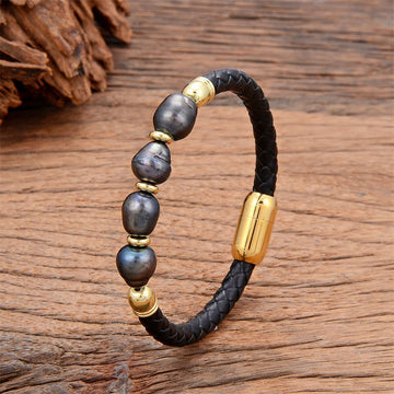 Handmade Irregular Shaped Pearls Healing Leather Titanium Steel Buckle Bracelet