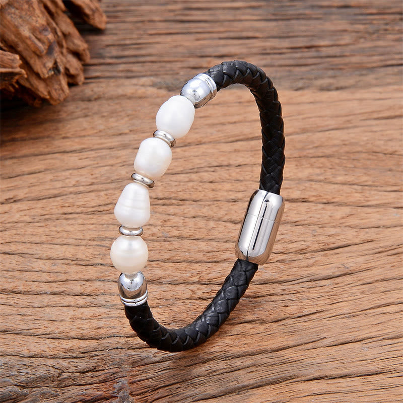 Handmade Irregular Shaped Pearls Healing Leather Titanium Steel Buckle Bracelet