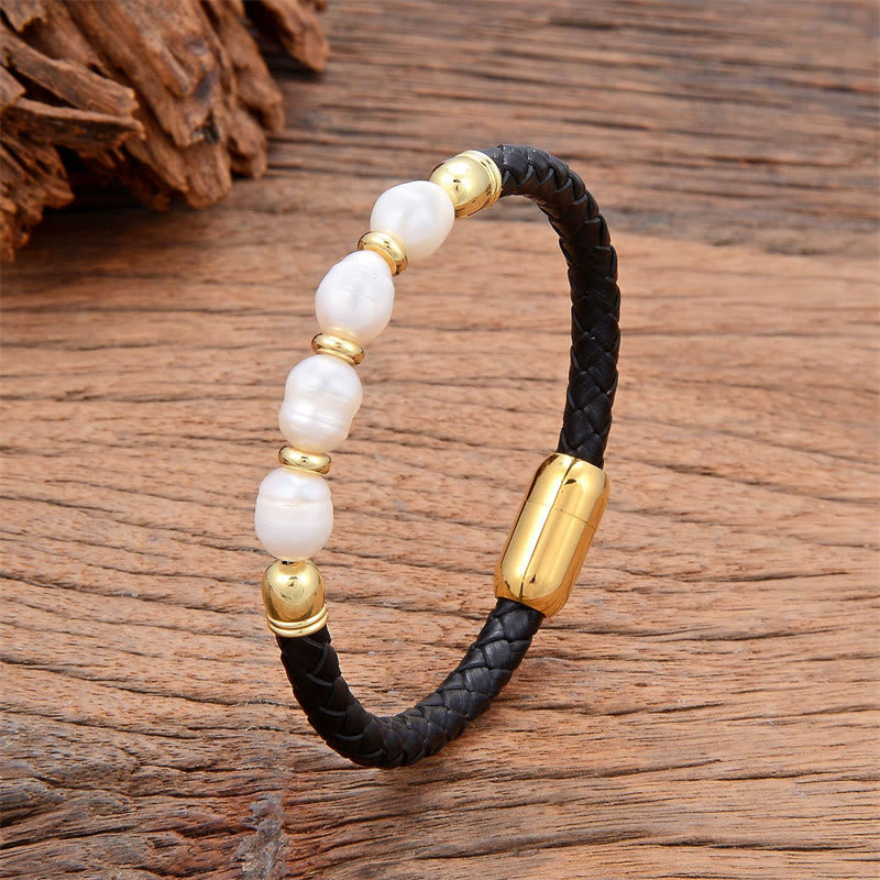 Handmade Irregular Shaped Pearls Healing Leather Titanium Steel Buckle Bracelet