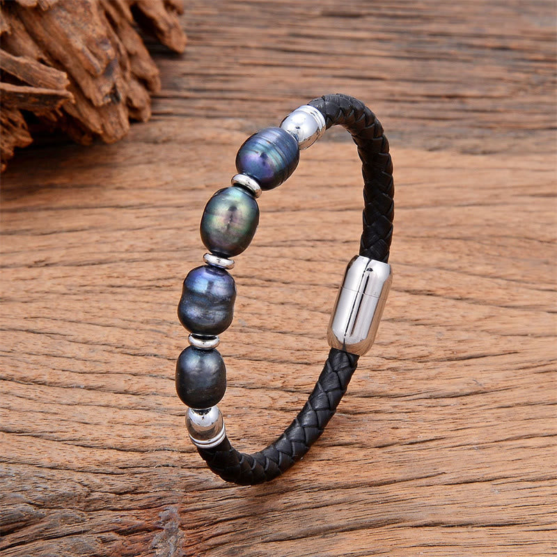 Handmade Irregular Shaped Pearls Healing Leather Titanium Steel Buckle Bracelet