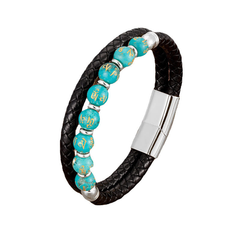 Om Mani Padme Hum Mantra Multi-Stone Strength Leather Bracelet