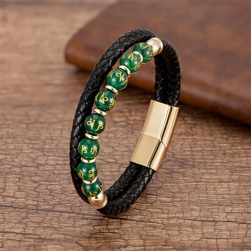 Om Mani Padme Hum Mantra Multi-Stone Strength Leather Bracelet