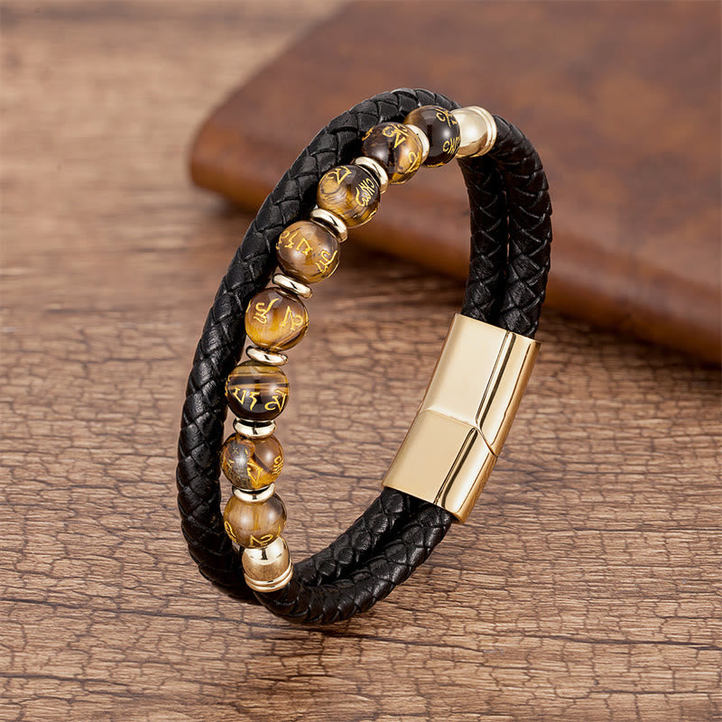 Om Mani Padme Hum Mantra Multi-Stone Strength Leather Bracelet