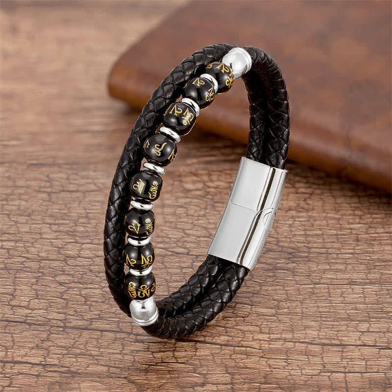 Om Mani Padme Hum Mantra Multi-Stone Strength Leather Bracelet