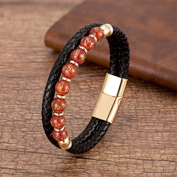 Red Agate Om Mani Padme Hum Mantra Strength Leather Bracelet