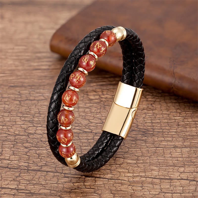 Om Mani Padme Hum Mantra Multi-Stone Strength Leather Bracelet