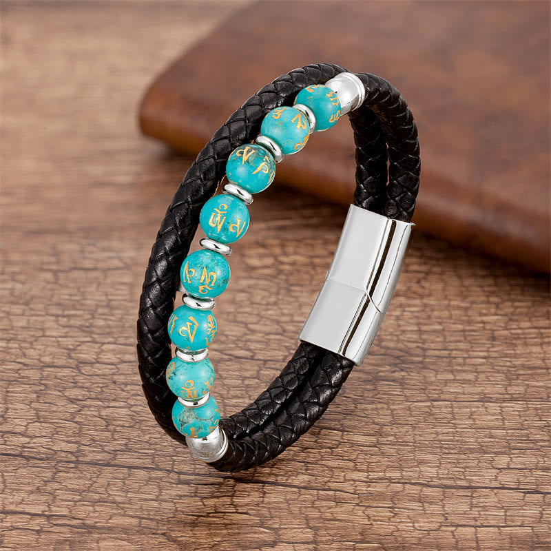 Om Mani Padme Hum Mantra Multi-Stone Strength Leather Bracelet