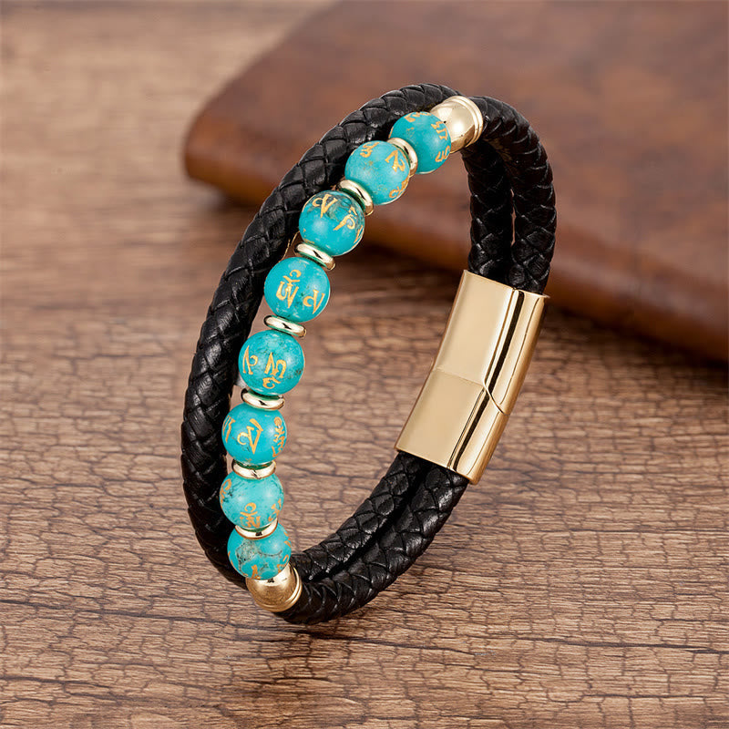 Om Mani Padme Hum Mantra Multi-Stone Strength Leather Bracelet