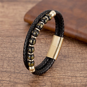 Om Mani Padme Hum Mantra Multi-Stone Strength Leather Bracelet