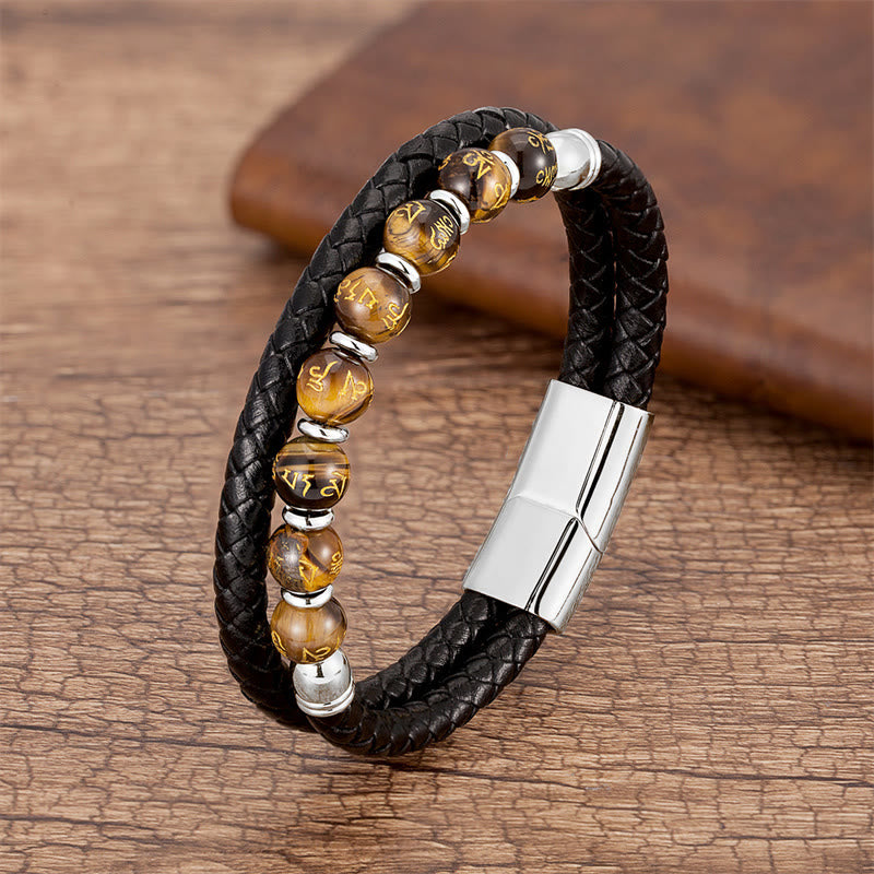 Om Mani Padme Hum Mantra Multi-Stone Strength Leather Bracelet