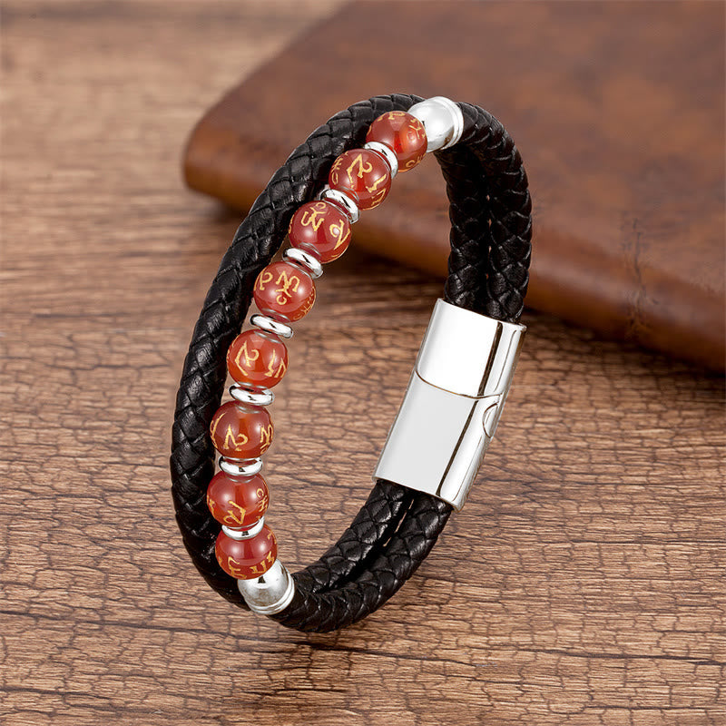 Om Mani Padme Hum Mantra Multi-Stone Strength Leather Bracelet