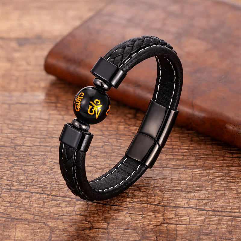 Om Mani Padme Hum Inscribed Gemstone Leather Bracelet for Men