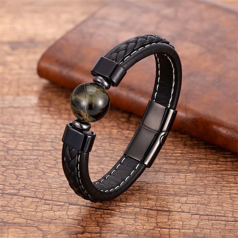 Om Mani Padme Hum Inscribed Gemstone Leather Bracelet for Men