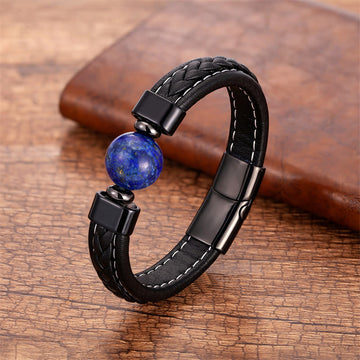 Om Mani Padme Hum Inscribed Gemstone Leather Bracelet for Men