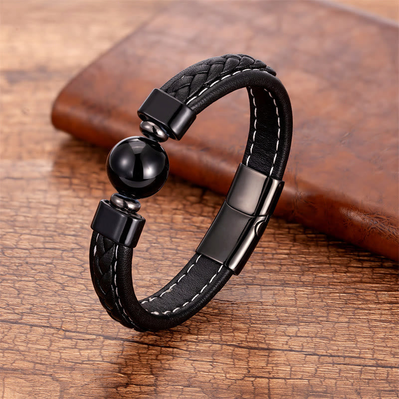 Om Mani Padme Hum Inscribed Gemstone Leather Bracelet for Men