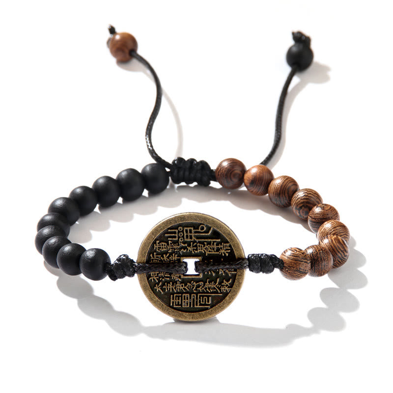Ebony Wood Wenge Wood Mountain Ghosts Spend Money Bagua Copper Coin Peace Bracelet