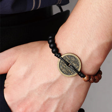 Ebony Wood Wenge Wood Mountain Ghosts Spend Money Bagua Copper Coin Peace Bracelet