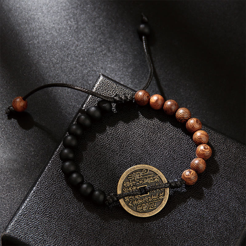 Ebony Wood Wenge Wood Mountain Ghosts Spend Money Bagua Copper Coin Peace Bracelet