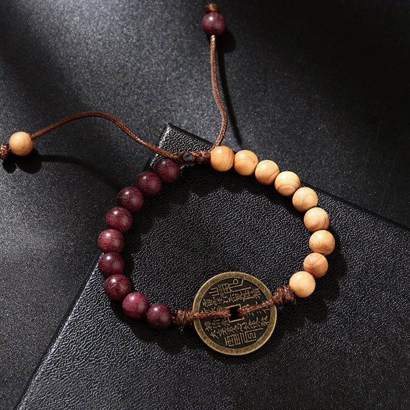 Ebony Wood Wenge Wood Mountain Ghosts Spend Money Bagua Copper Coin Peace Bracelet