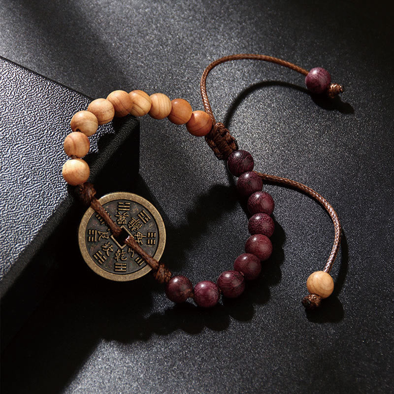 Ebony Wood Wenge Wood Mountain Ghosts Spend Money Bagua Copper Coin Peace Bracelet