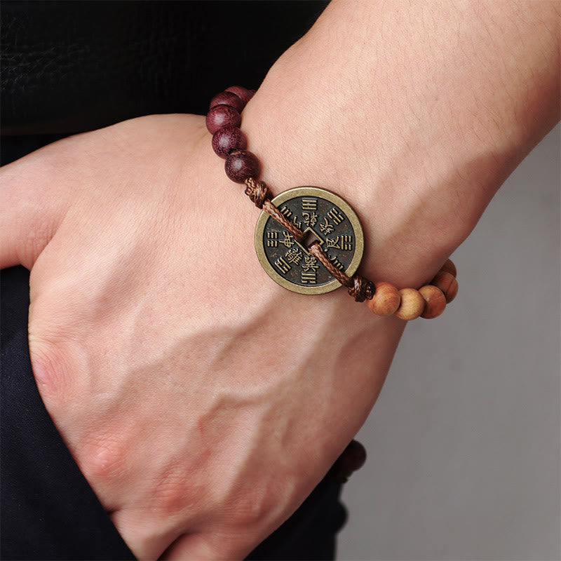 Ebony Wood Wenge Wood Mountain Ghosts Spend Money Bagua Copper Coin Peace Bracelet