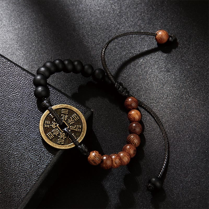 Ebony Wood Wenge Wood Mountain Ghosts Spend Money Bagua Copper Coin Peace Bracelet