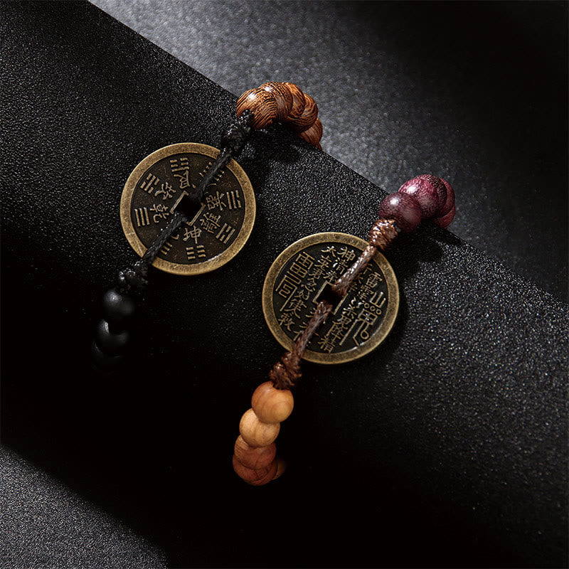 Ebony Wood Wenge Wood Mountain Ghosts Spend Money Bagua Copper Coin Peace Bracelet