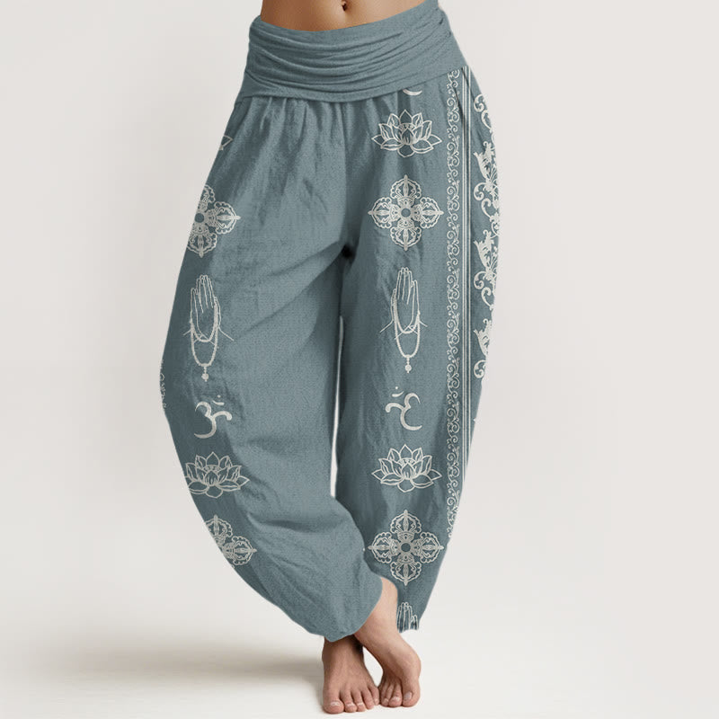 Cotton Lotus Flowers Double Dorje Vajra Namaste Om Design Women's Elastic Waist Harem Pants