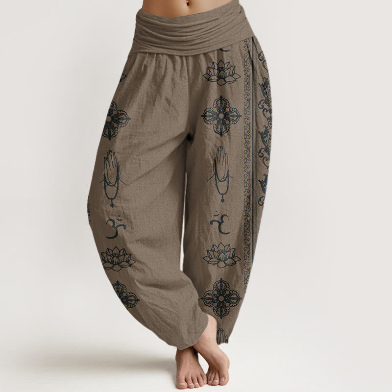 Cotton Lotus Flowers Double Dorje Vajra Namaste Om Design Women's Elastic Waist Harem Pants